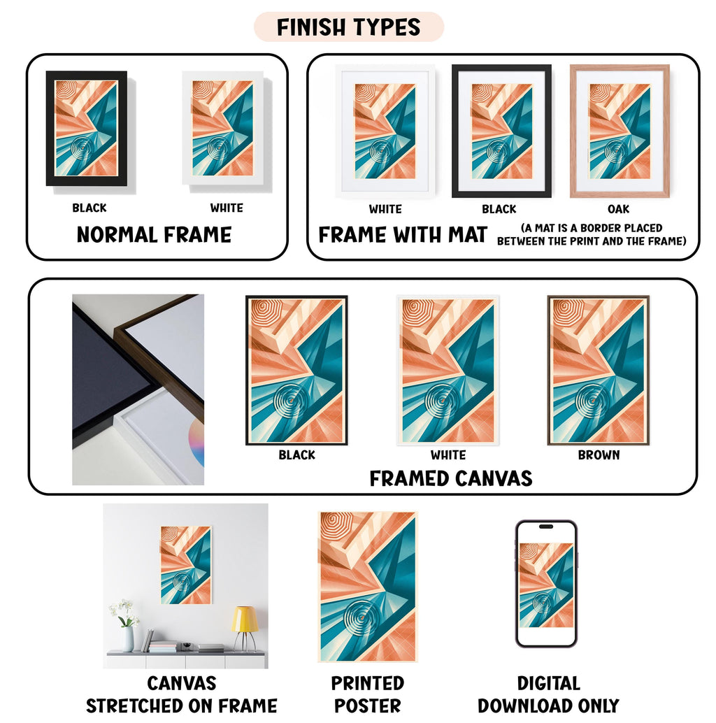 various finish types for framed artwork, including canvas stretched on frame, white frame with mat, black frame, white frame, black frame, framed canvas, and digital download only.