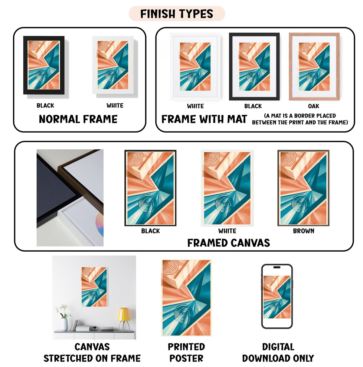 various finish types for framed artwork, including canvas stretched on frame, white frame with mat, black frame, white frame, black frame, framed canvas, and digital download only.