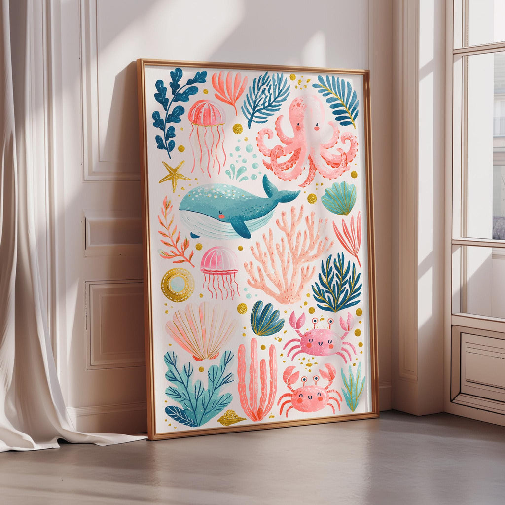 A framed poster depicting a vibrant underwater scene with various marine life, including a whale, jellyfish, and crabs, surrounded by colorful coral and plants.