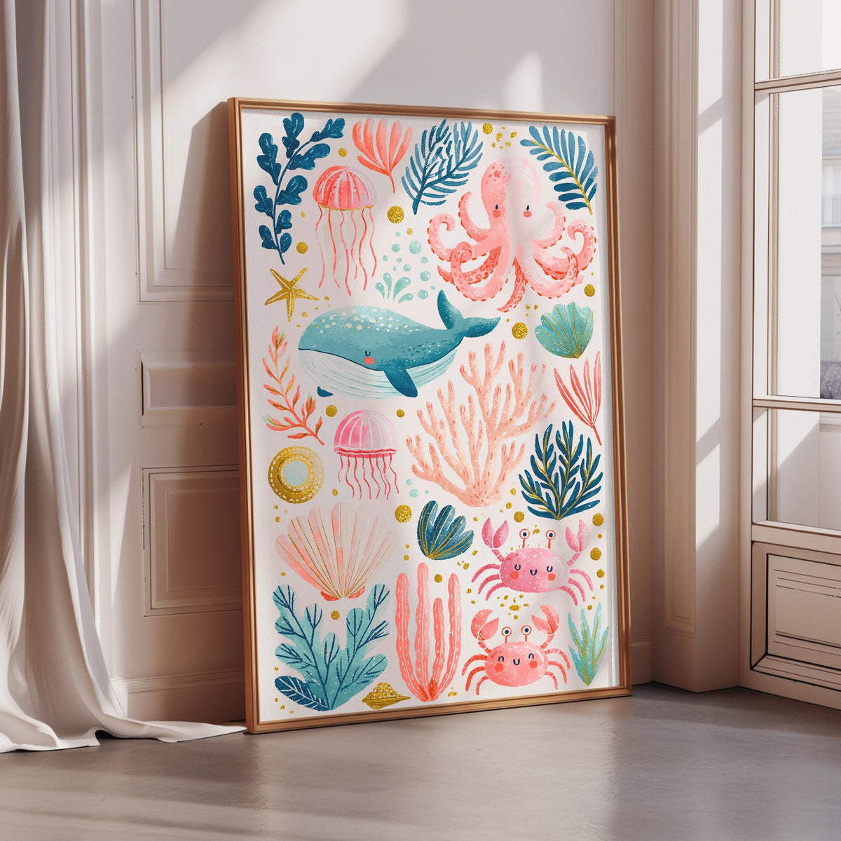 A framed poster depicting a vibrant underwater scene with various marine life, including a whale, jellyfish, and crabs, surrounded by colorful coral and plants.