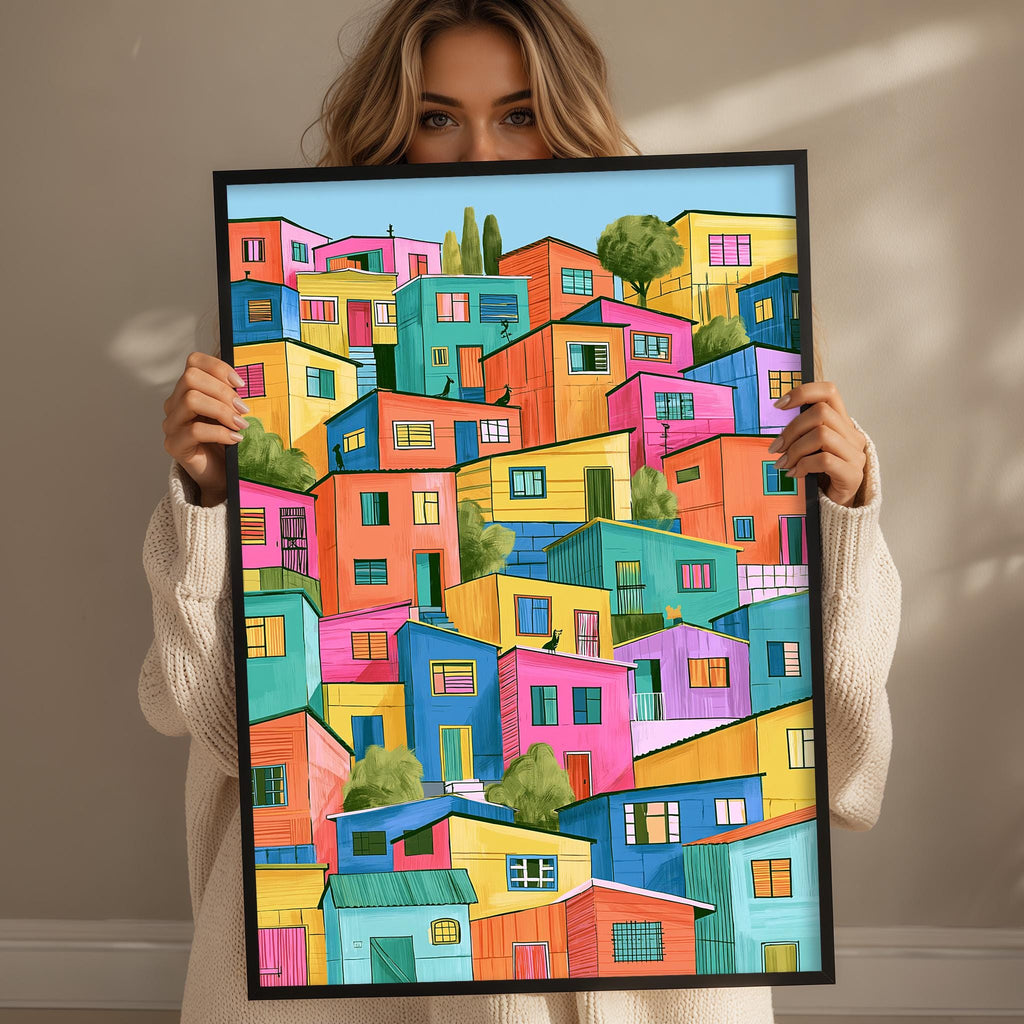 A woman holds up a framed illustration of a colorful, stylized cityscape with buildings in various shades of pink, blue, green, and yellow.