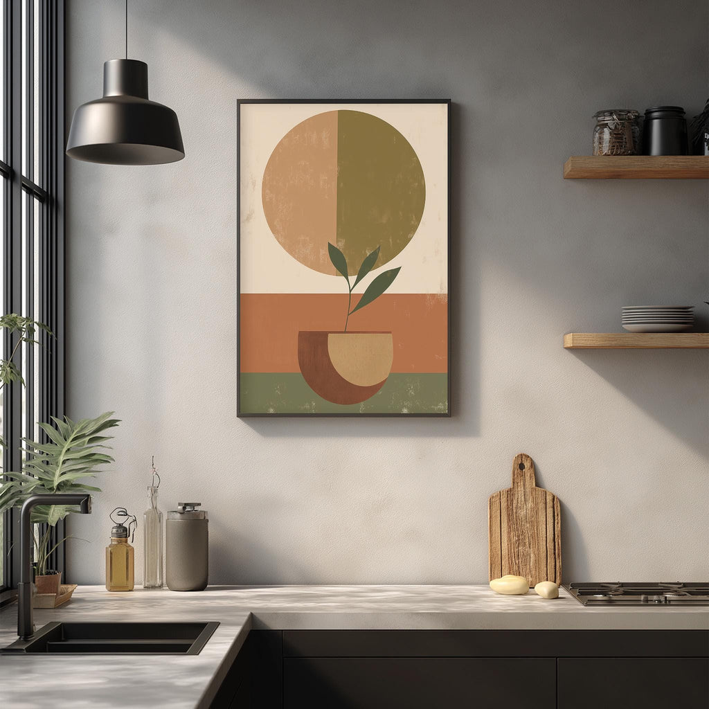 a modern kitchen with a minimalist design. The focal point is a framed abstract artwork depicting a plant in a pot, hanging on the wall above a kitchen counter. The counter is adorned with various kitchen items, including a cutting board, a bottle, and a vase. The overall color scheme of the kitchen is neutral, with a touch of green from the plant in the pot.