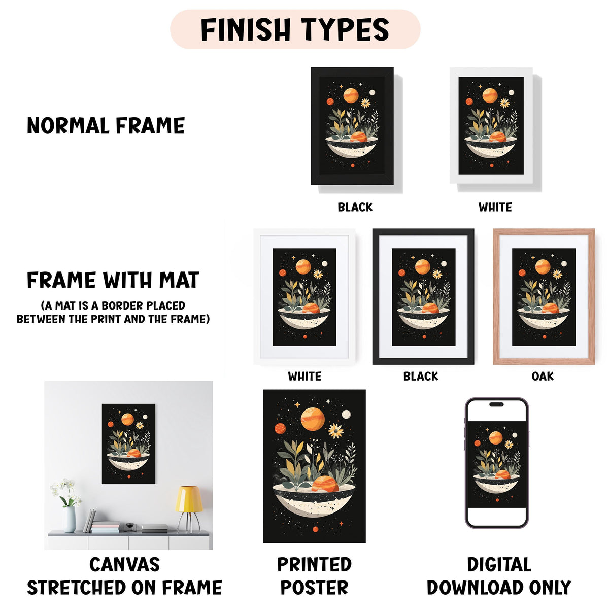 various framed artworks, including a canvas stretched on a frame, a framed poster, and a digital download. The artworks are labeled with different finish types, such as "NORMAL FRAME", "FRAME WITH MAT", "WHITE", "BLACK", and "OAK". The artworks are also described as "CANVAS STRETCHED ON FRAME", "PRINTED POSTER", and "DIGITAL DOWNLOAD ONLY".