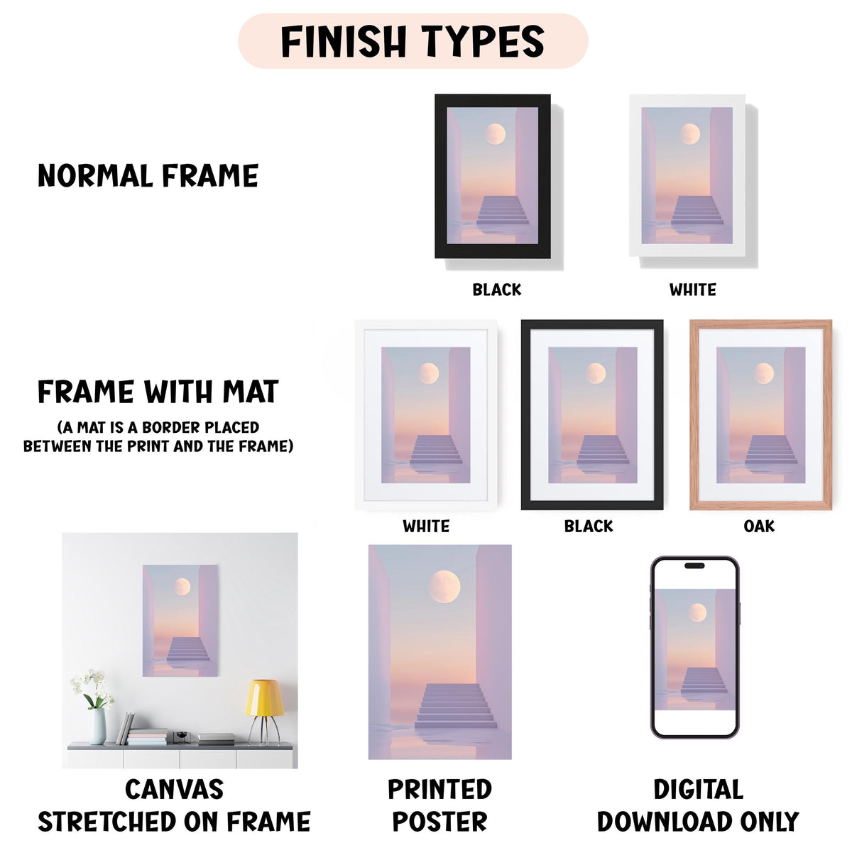 various finish types for artwork, including a normal frame, a frame with a mat, a white frame, a black frame, an oak frame, a white canvas stretched on a frame, a printed poster, and a digital download only.