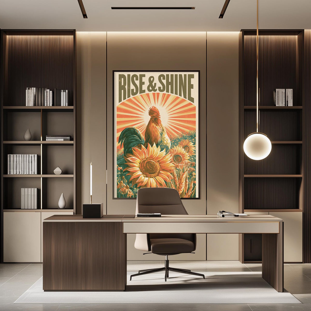 a modern office space with a large poster of a sunflower on the wall, a desk with a chair, and a bookshelf.