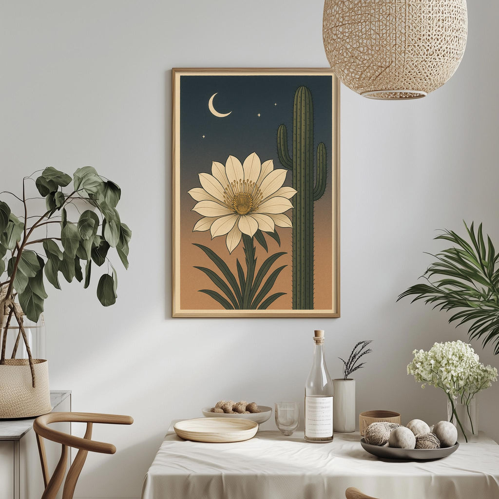 a dining table with a white tablecloth, a bowl of fruit, a bottle, and a vase with flowers. Above the table, there is a framed picture of a cactus with a flower on it, and a hanging light fixture.