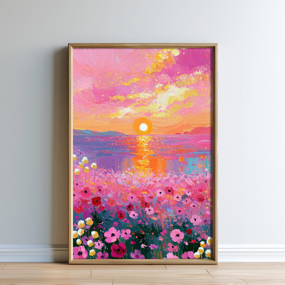 The image is a vibrant painting depicting a sunset over a field of colorful flowers.