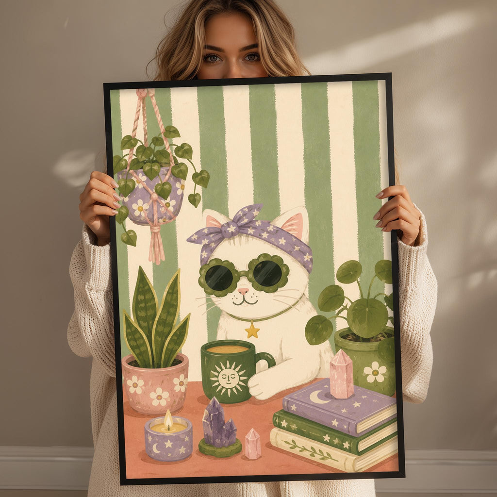 A woman holds up a framed illustration of a cat wearing sunglasses and a flower crown, surrounded by potted plants, candles, and books, creating a whimsical and cozy scene.