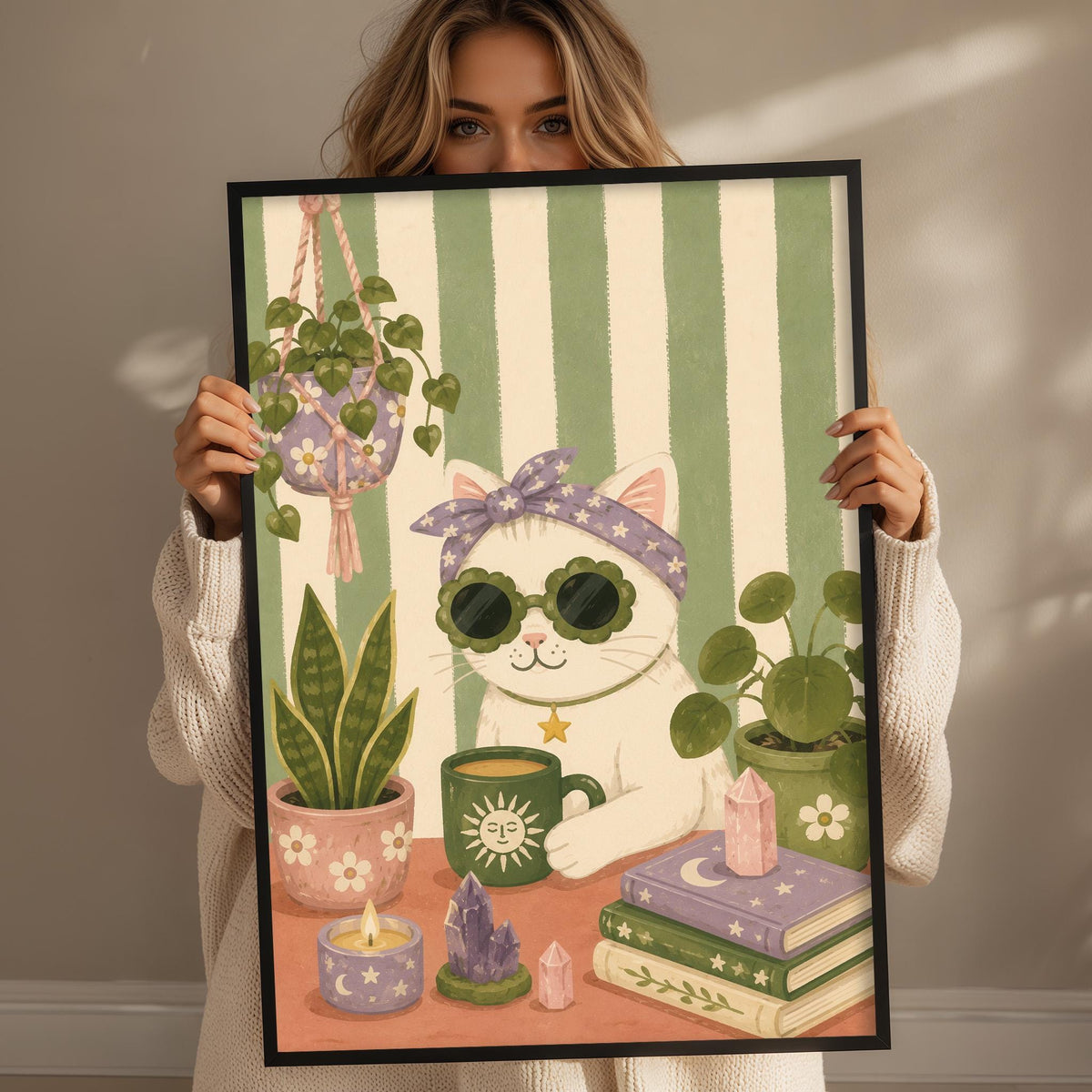 A woman holds up a framed illustration of a cat wearing sunglasses and a flower crown, surrounded by potted plants, candles, and books, creating a whimsical and cozy scene.