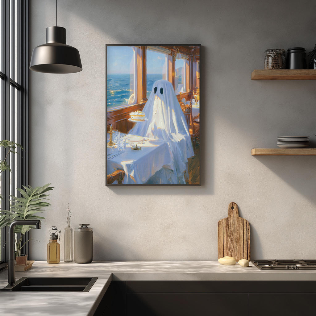 a framed painting of a ghost sitting at a table with a cake, surrounded by various kitchen items and decor.