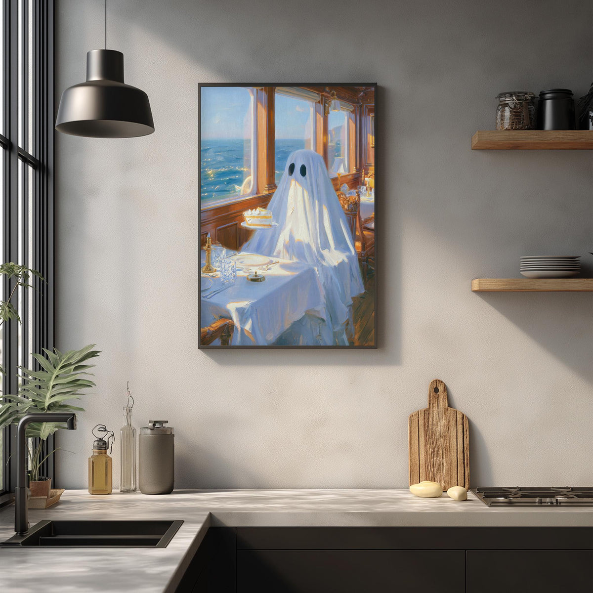 a framed painting of a ghost sitting at a table with a cake, surrounded by various kitchen items and decor.