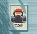 a poster with a kettlebell and a red sun in the background, mounted on a blue brick wall.