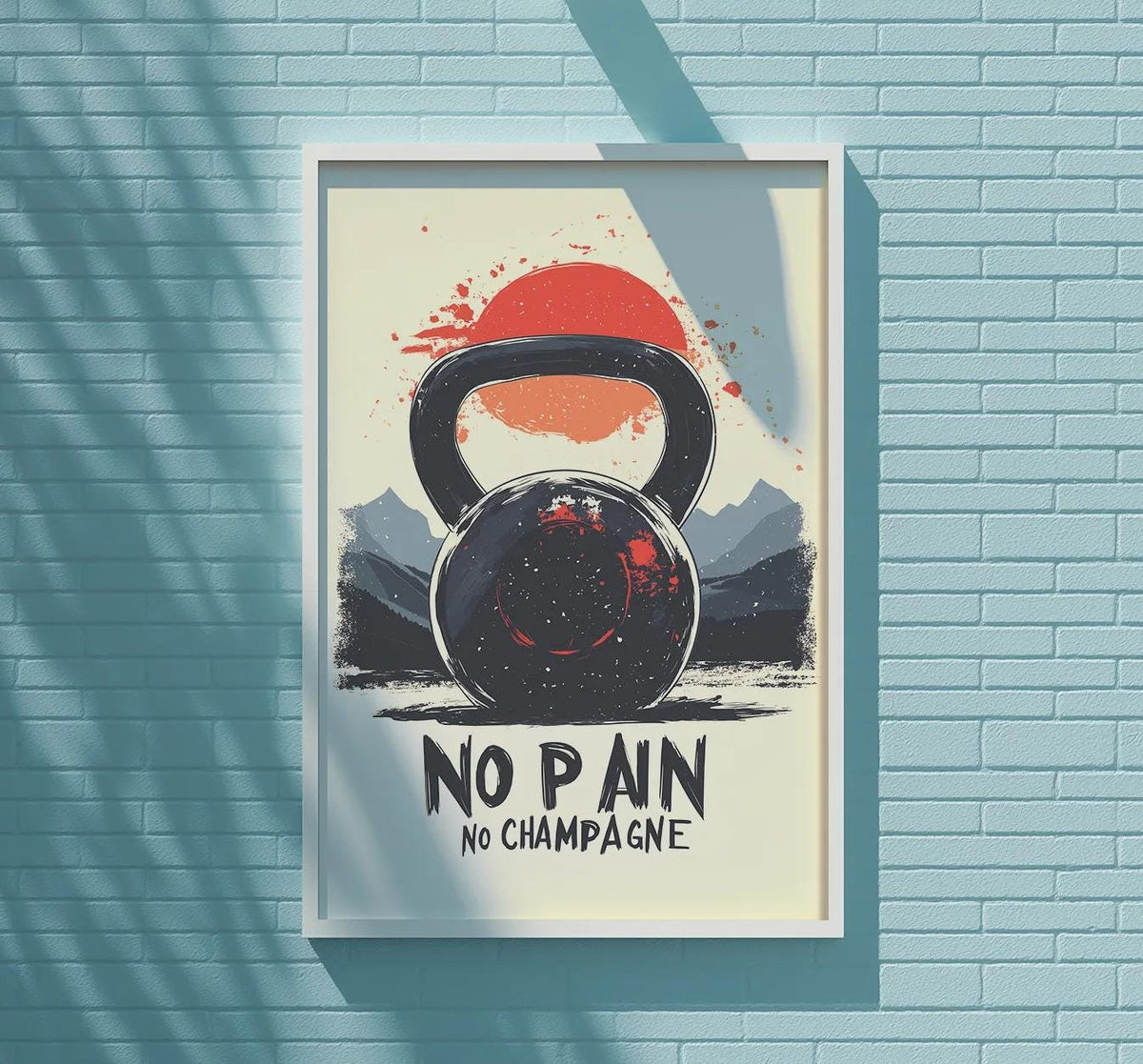 a poster with a kettlebell and a red sun in the background, mounted on a blue brick wall.