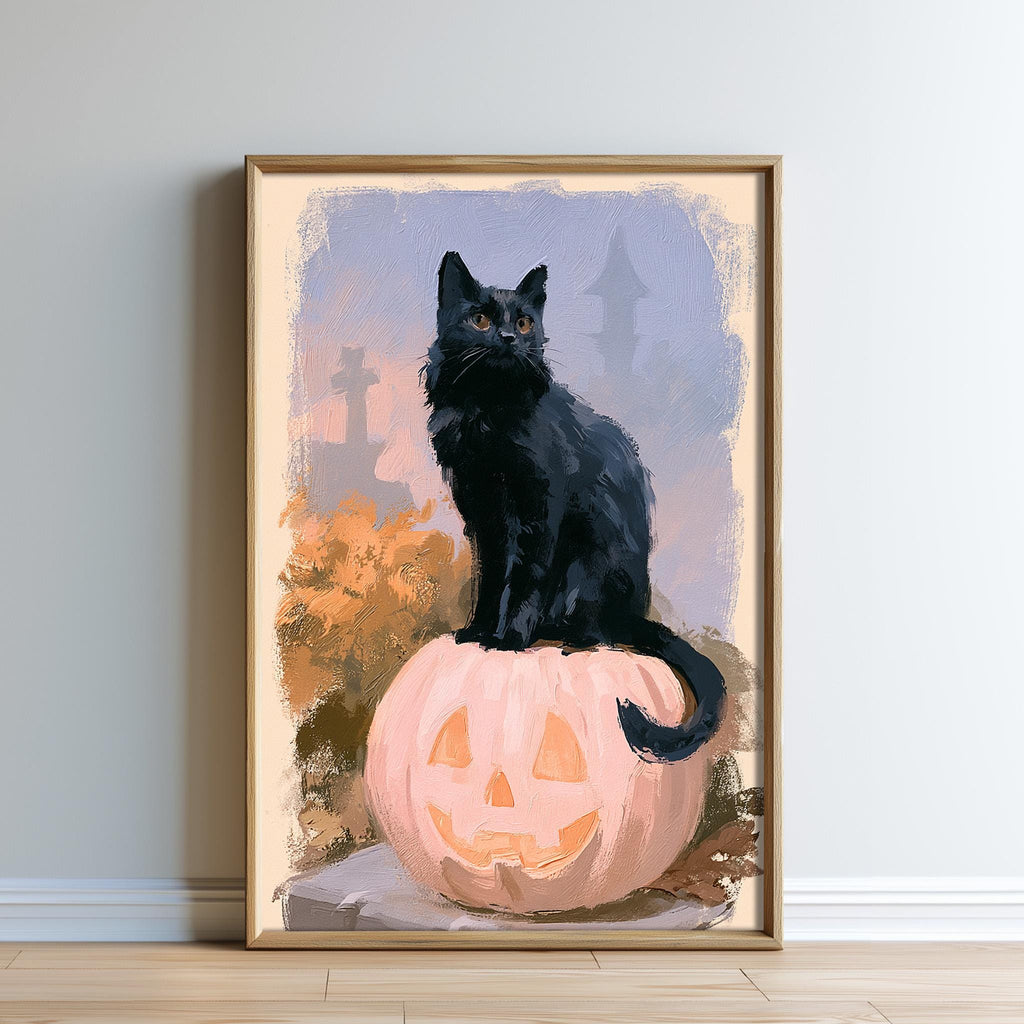 A black cat sits atop a carved pumpkin, with a spooky castle in the background.