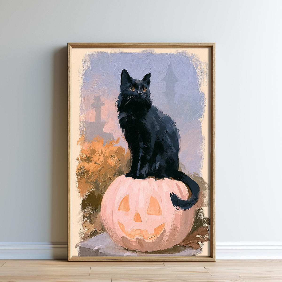 A black cat sits atop a carved pumpkin, with a spooky castle in the background.