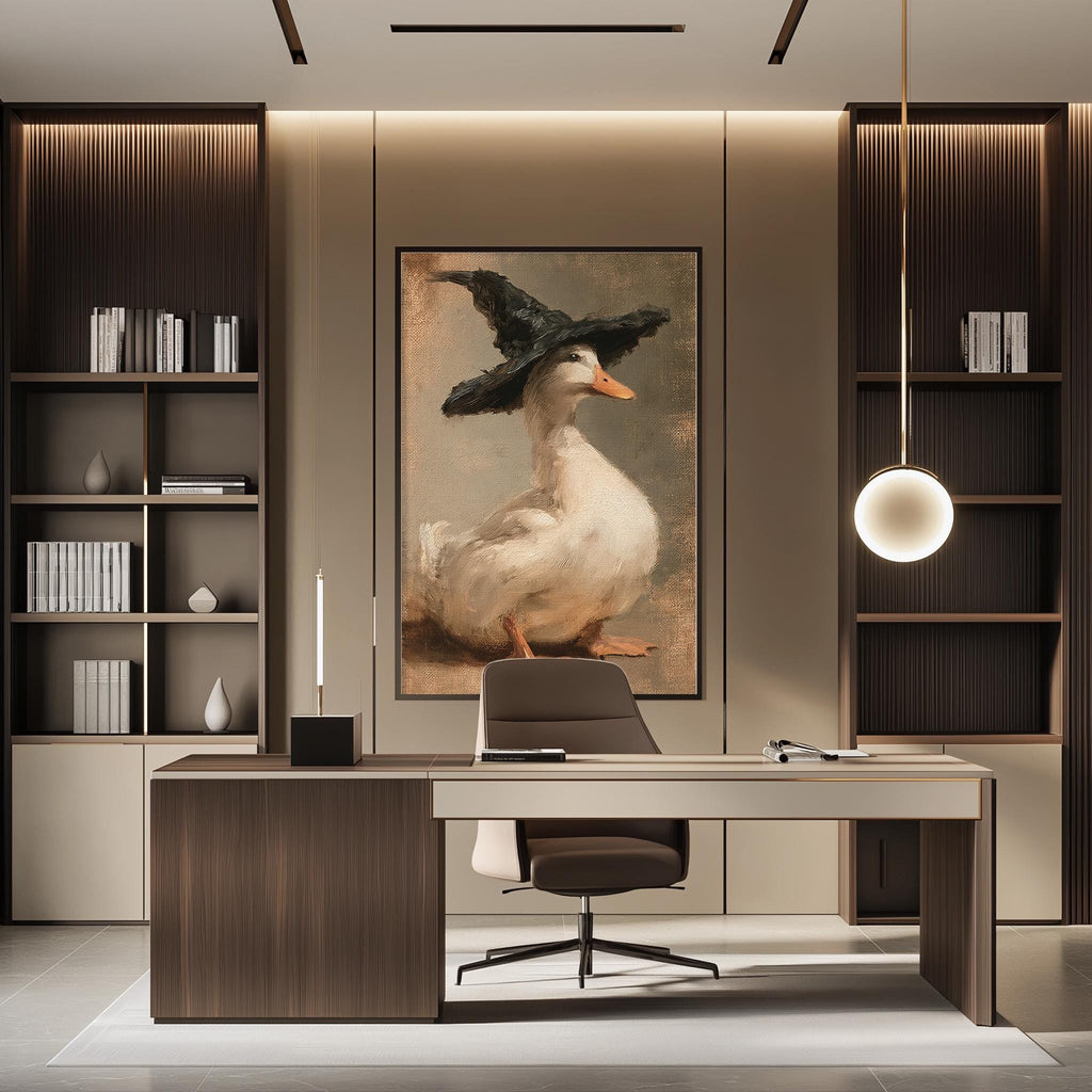 a modern office space with a large painting of a duck wearing a black hat on the wall. The office features a wooden desk, a chair, and a bookshelf filled with books.