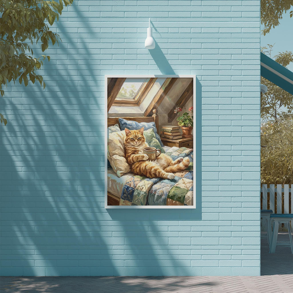 A painting of a cat lounging on a bed in a cozy, sunlit room, with a bookshelf and potted plants nearby.
