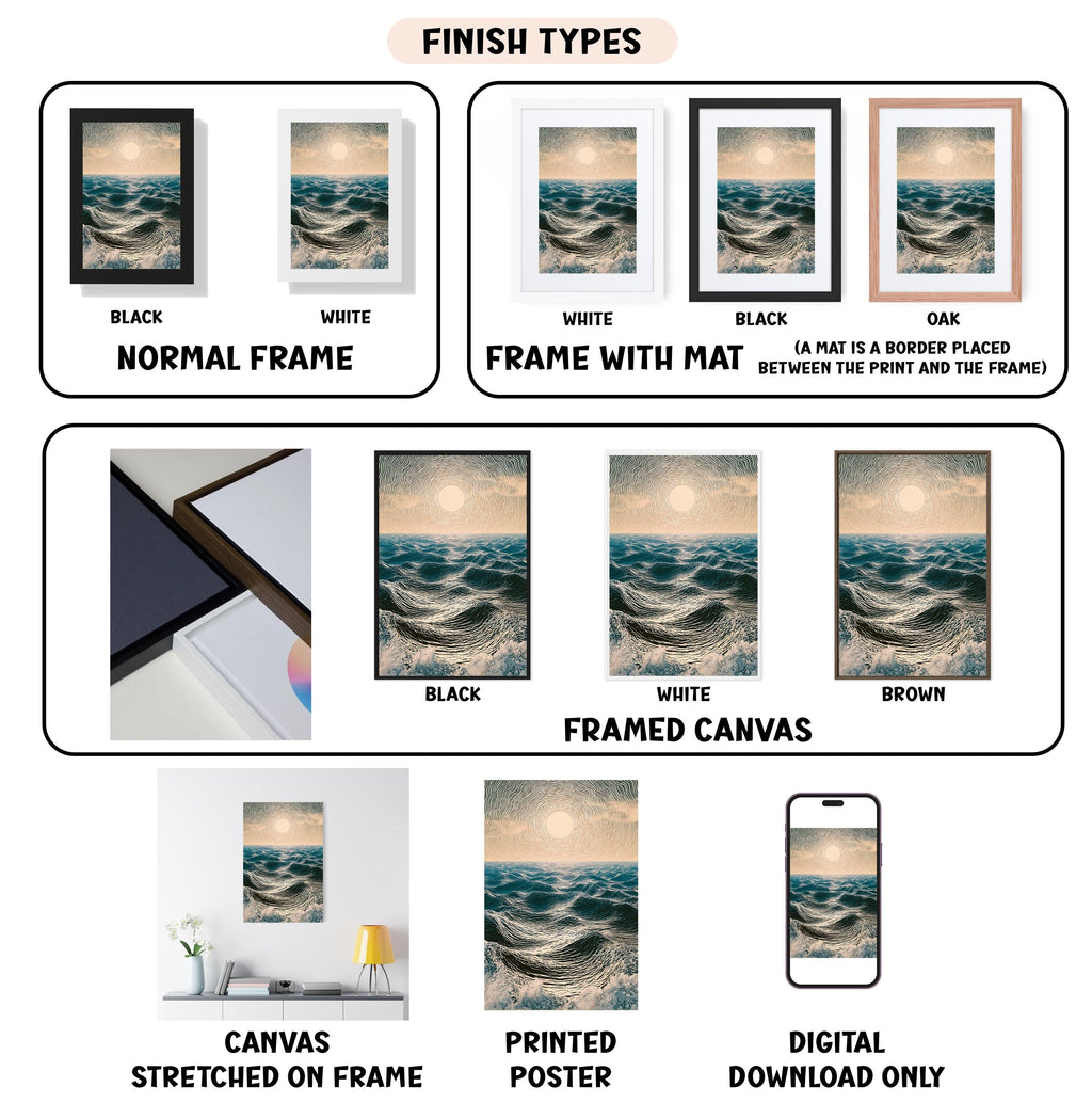 various types of artwork, including framed prints, canvas prints, and digital art, each with different finishes and frame styles.