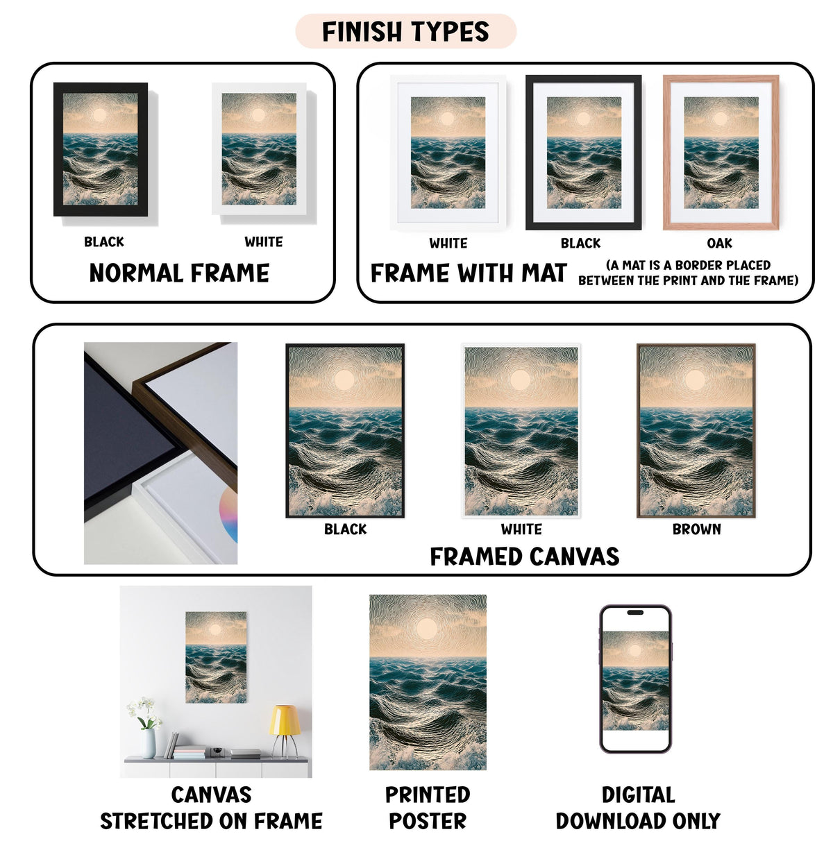 various types of artwork, including framed prints, canvas prints, and digital art, each with different finishes and frame styles.