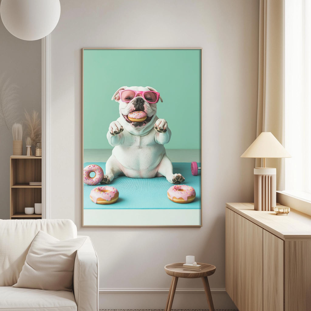 A white dog wearing sunglasses and holding a donut is sitting on a blue surface in a living room.