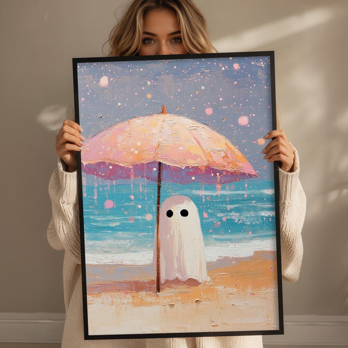 A woman holds up a framed painting depicting a ghost standing under a pink umbrella on a beach, with the ocean and sky in the background.