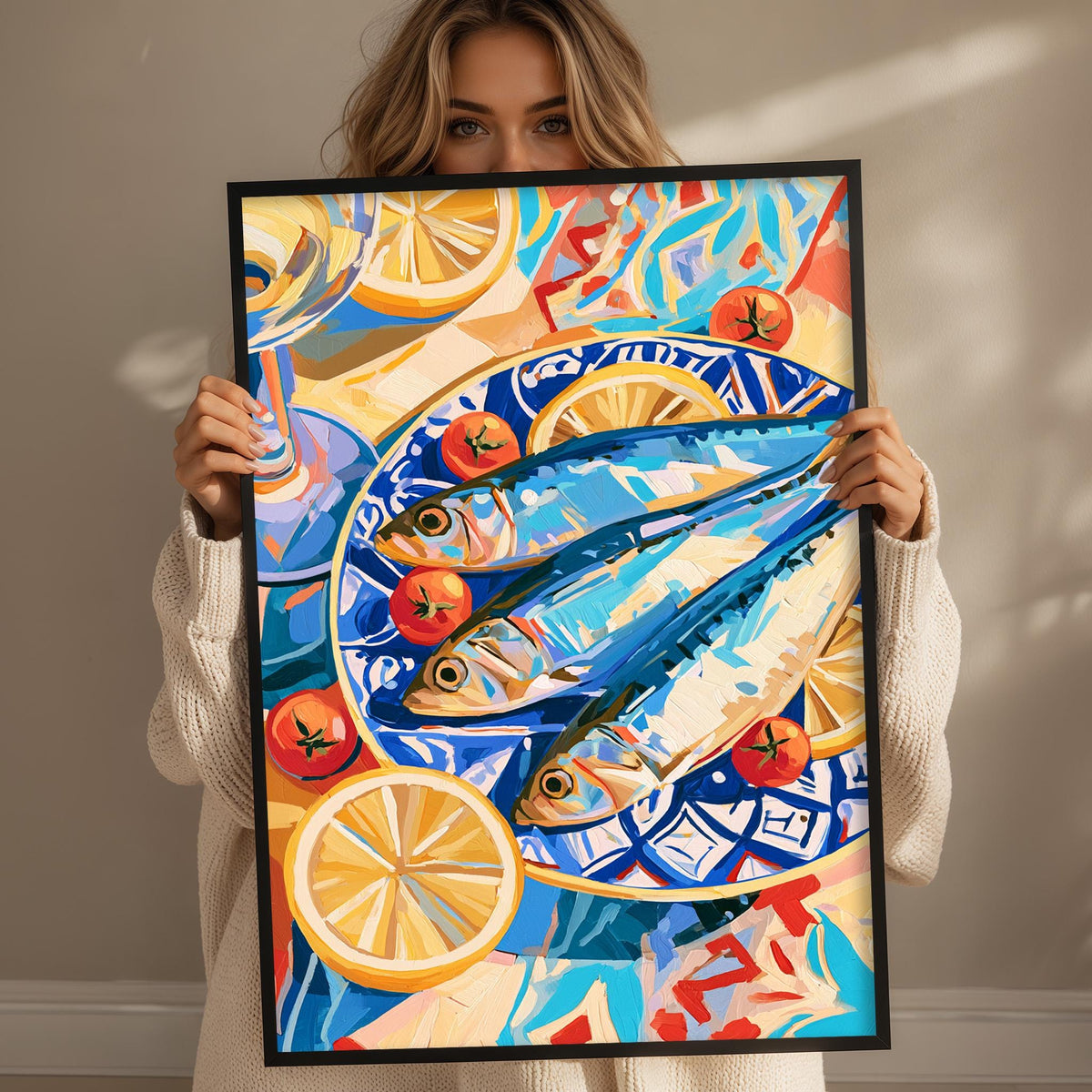 A woman holds up a framed painting of fish and fruit, including oranges and lemons, against a colorful background.