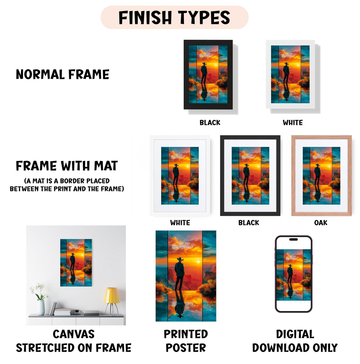 various types of artwork, including a canvas stretched on a frame, a framed poster, and a digital poster. The artwork is presented in different frame colors and styles, such as a normal frame, a black frame, a white frame, and an oak frame. The artwork is also described as a canvas stretched on a frame, a printed poster, and a digital download only. The image is a collage of multiple images, and the text provides information about the different frame options and the type of artwork displayed.