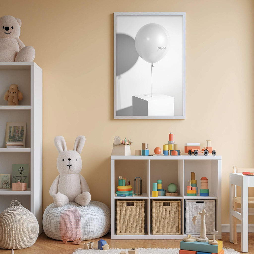 A cozy and colorful children's playroom with a white rabbit sitting on a bean bag chair, surrounded by various toys and storage bins.
