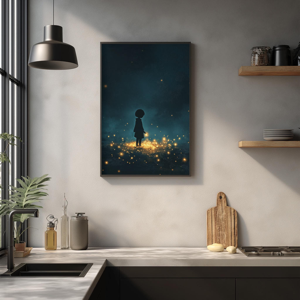 a kitchen scene with a framed artwork of a silhouetted figure standing in a field of lights, creating a dreamlike atmosphere.
