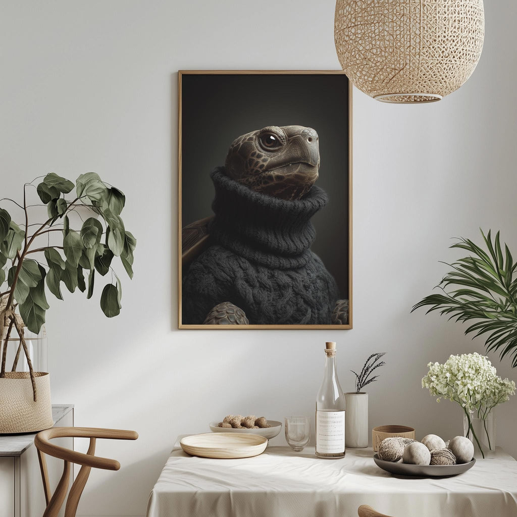 a dining table with a bowl of fruit, a bottle, and a vase of flowers, along with a framed picture of a turtle wearing a sweater hanging on the wall.