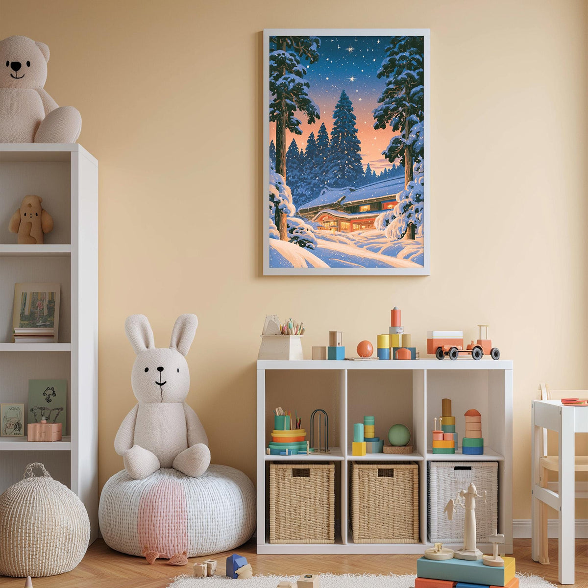A cozy children's room with a large stuffed bunny, a bookshelf, and a toy chest filled with toys. The room has a warm, inviting atmosphere with a winter landscape painting hanging on the wall.