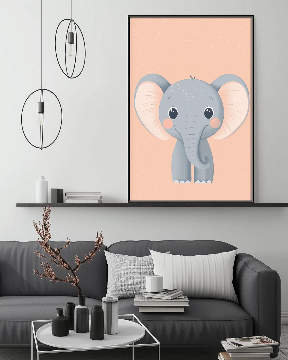 a cozy living room with a gray couch, a coffee table, and a large framed picture of a cute elephant on the wall.