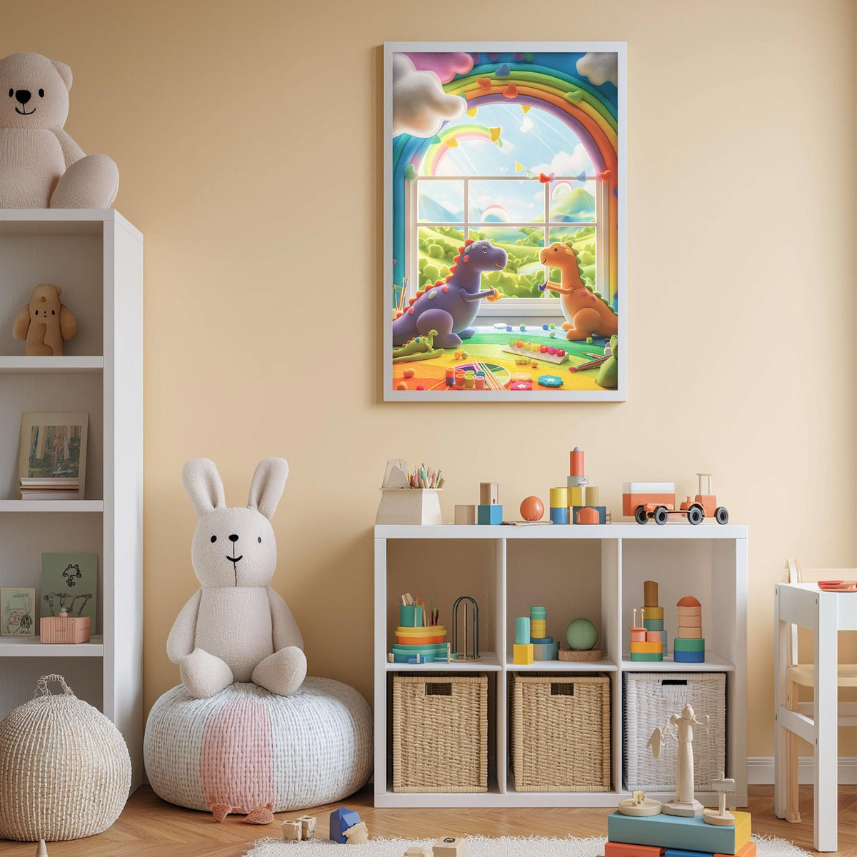 A child's bedroom with a large stuffed rabbit, a colorful toy castle, and a bookshelf filled with toys and books. A framed illustration of a rainbow and dinosaurs is displayed on the wall above the bookshelf.