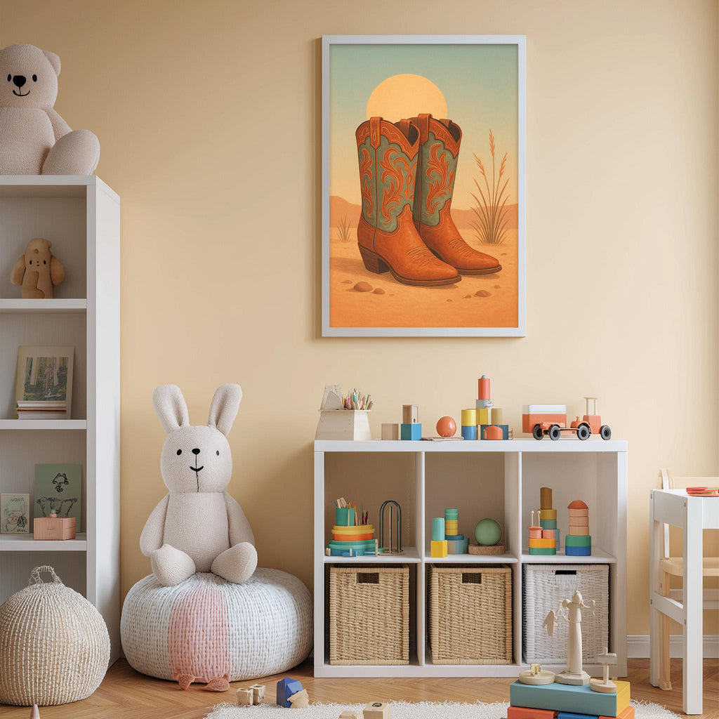 A child's bedroom with a white bookshelf, a stuffed rabbit, a toy train, and a framed picture of cowboy boots on the wall.