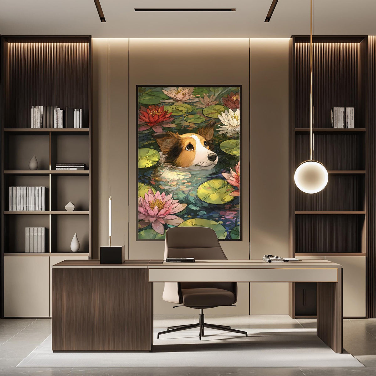 a modern office space with a large painting of a dog swimming in a pond of flowers hanging on the wall above a desk with a chair.