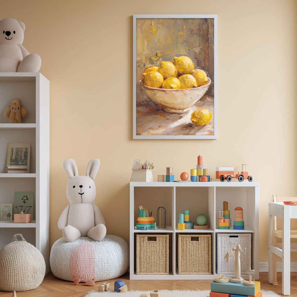 A cozy children's room with a white bookshelf, a plush rabbit, and a colorful toy box filled with toys. Above the bookshelf, there is a framed painting of lemons in a bowl.