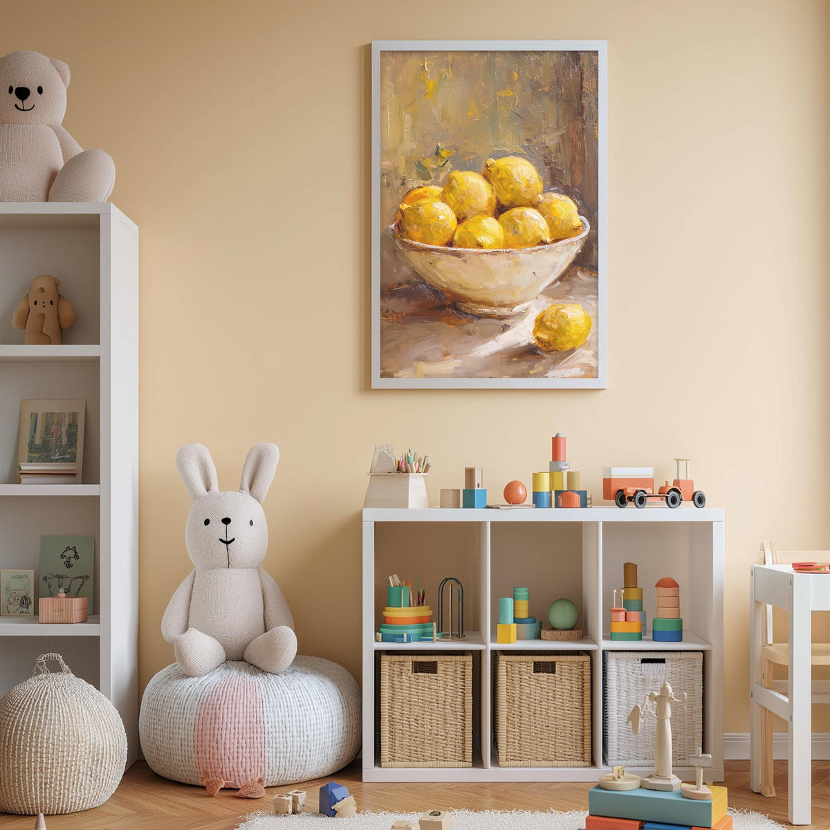 A cozy children's room with a white bookshelf, a plush rabbit, and a colorful toy box filled with toys. Above the bookshelf, there is a framed painting of lemons in a bowl.