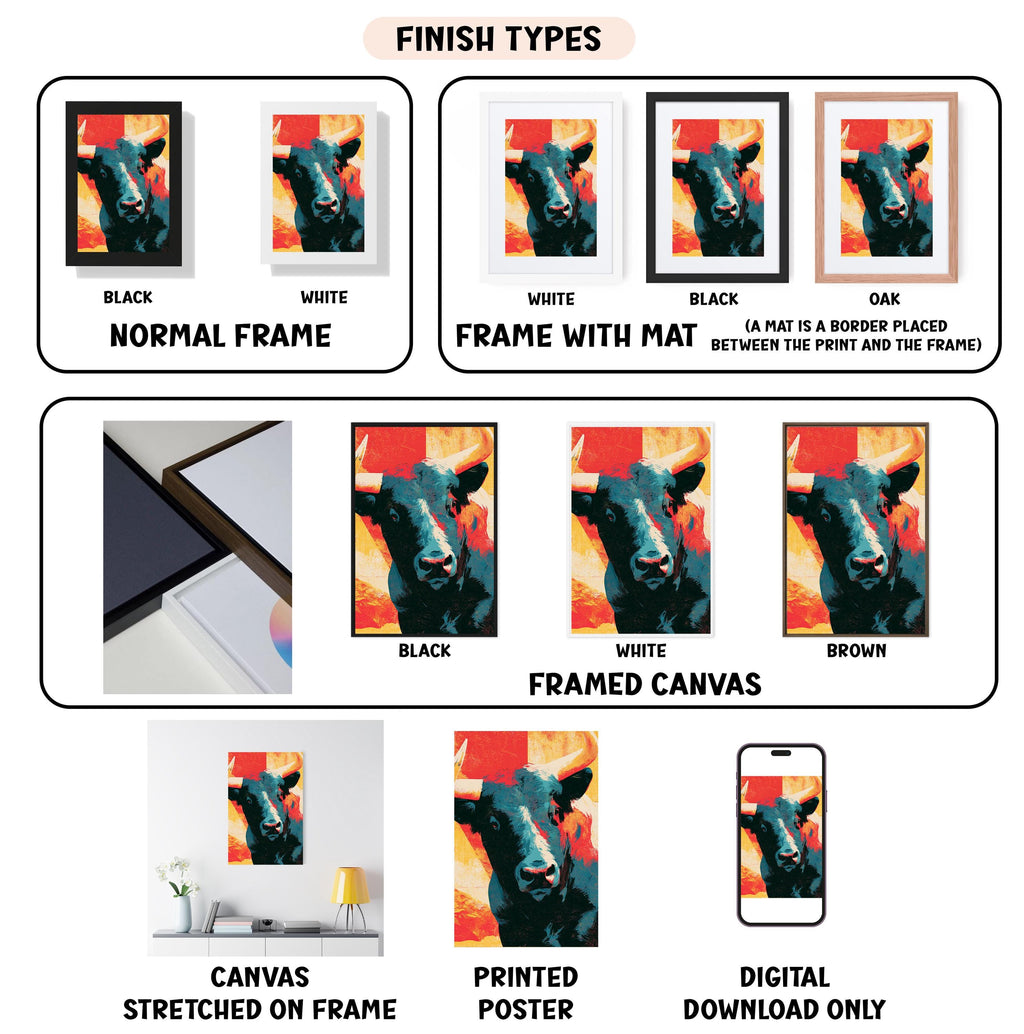 various finish types for a framed artwork, including a normal frame, a frame with a mat, a black frame, a white frame, a black frame, a white framed canvas, a stretched canvas, a printed poster, and a digital download only.