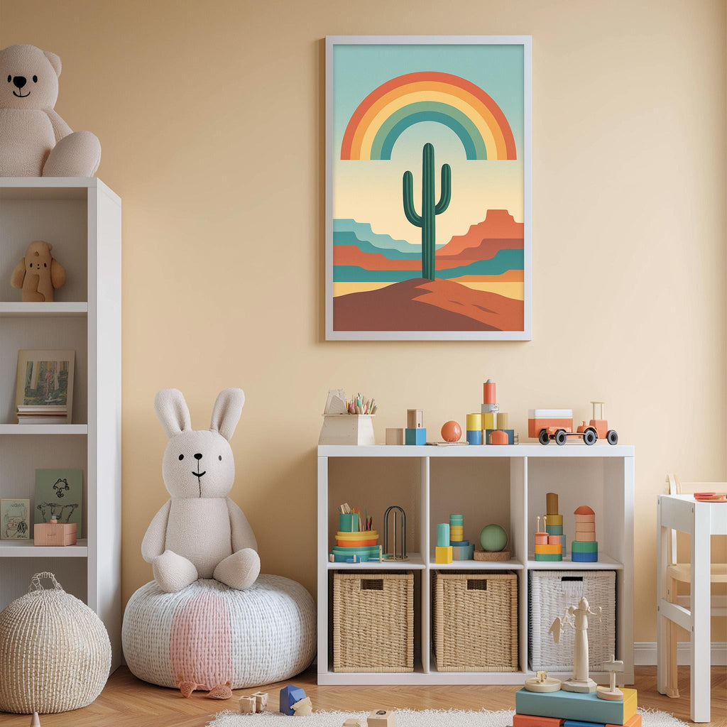 A child's bedroom with a white bookshelf, a stuffed rabbit, a toy train, and a colorful poster of a desert landscape with a cactus.
