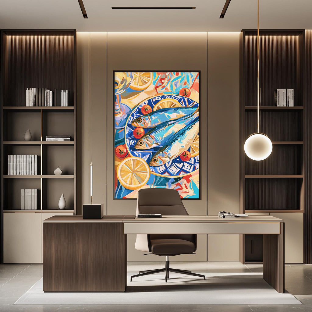 a modern and stylish office space with a large abstract painting on the wall behind a desk. The desk is positioned in front of the painting, creating a focal point in the room. The office also features built-in bookshelves and a pendant light, contributing to the overall contemporary design.