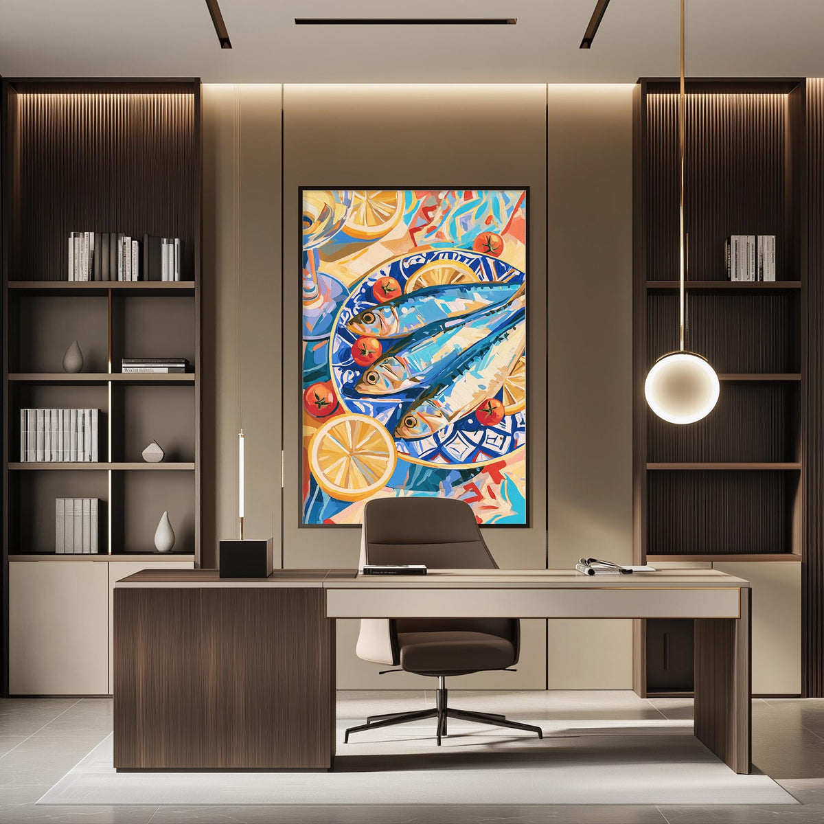 a modern and stylish office space with a large abstract painting on the wall behind a desk. The desk is positioned in front of the painting, creating a focal point in the room. The office also features built-in bookshelves and a pendant light, contributing to the overall contemporary design.