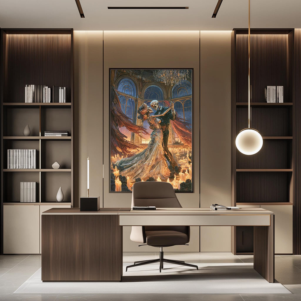 a modern and stylish office space with a large painting of a couple dancing on the wall, a wooden desk with a chair, and built-in bookshelves.