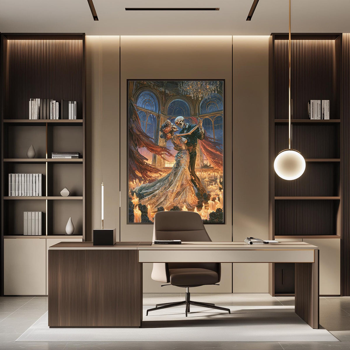 a modern and stylish office space with a large painting of a couple dancing on the wall, a wooden desk with a chair, and built-in bookshelves.