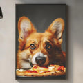 a kitchen counter with a framed picture of a dog eating pizza, a wooden cutting board, and various kitchen items such as a bottle, a can, and a bowl.