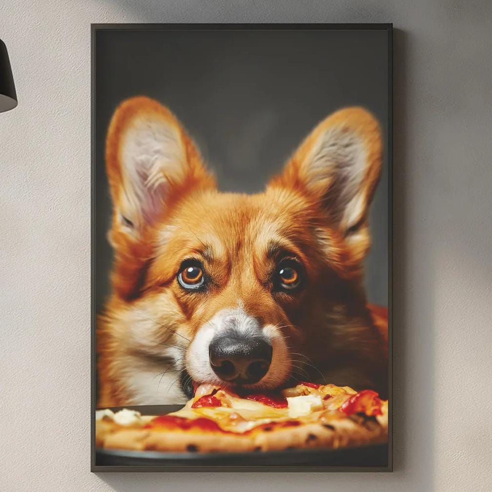 a kitchen counter with a framed picture of a dog eating pizza, a wooden cutting board, and various kitchen items such as a bottle, a can, and a bowl.