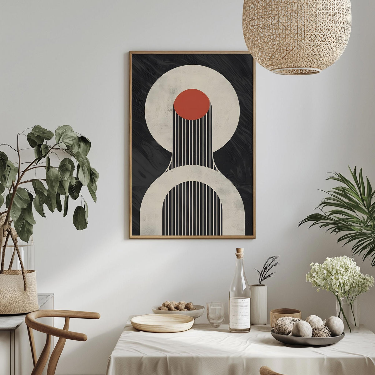 a modern dining room with a minimalist design. The focal point is a framed abstract art piece with a black and white color scheme, hanging on the wall above a table set with a white tablecloth. The table is adorned with various decorative items, including a potted plant, a vase, and a bowl of fruit. The overall aesthetic is clean and uncluttered, with a harmonious balance of natural and man-made elements.