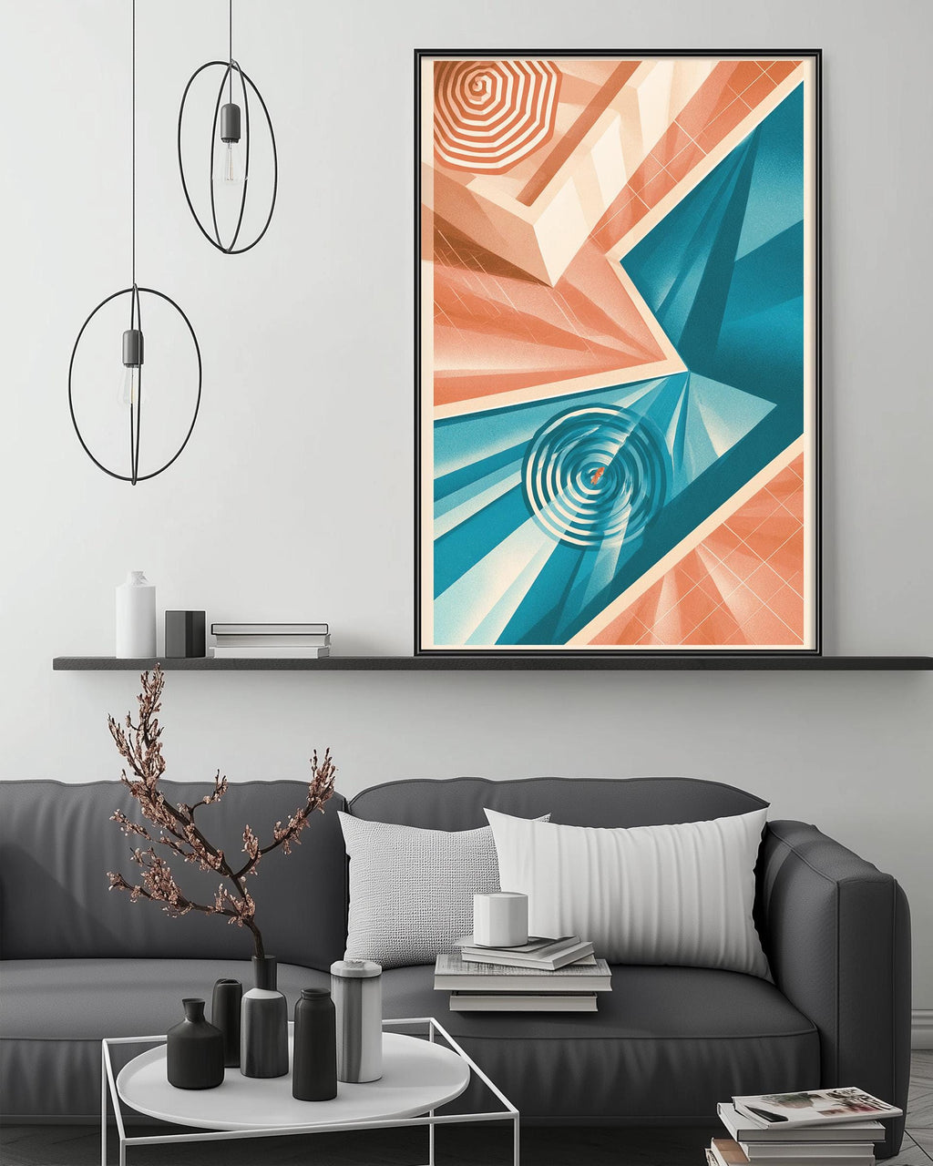 a modern living room with a gray sofa, a coffee table, and a large abstract painting hanging on the wall above the sofa.
