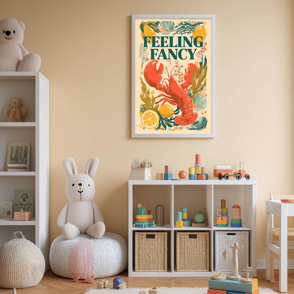 A child's bedroom with a stuffed rabbit, a toy train, and a framed poster featuring a lobster and tropical plants. The room has a beige color scheme and appears to be well-organized with storage bins and toys.