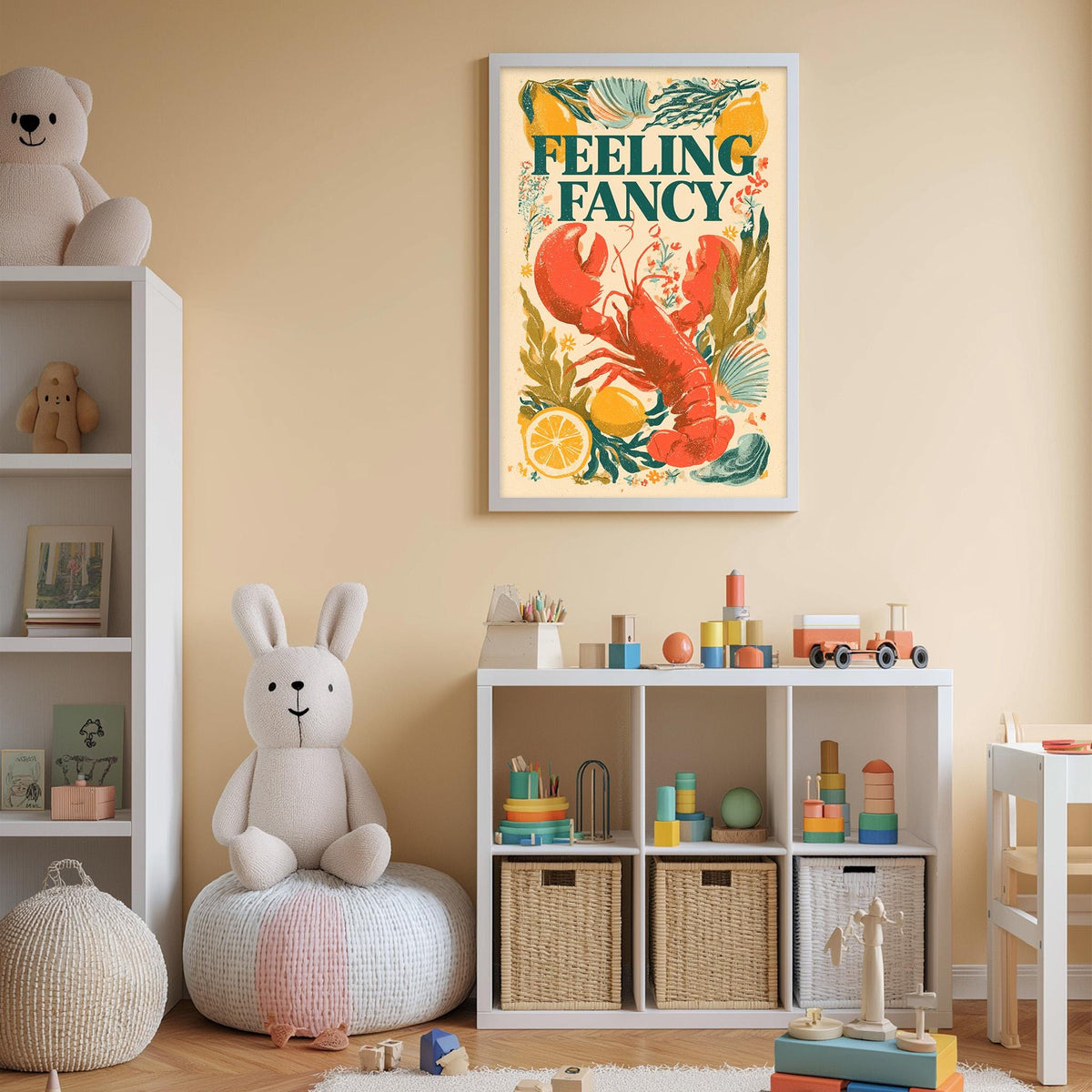 A child's bedroom with a stuffed rabbit, a toy train, and a framed poster featuring a lobster and tropical plants. The room has a beige color scheme and appears to be well-organized with storage bins and toys.