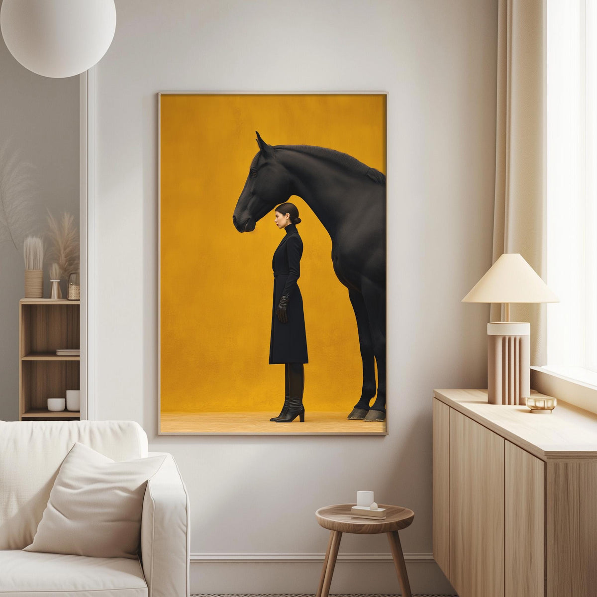 a woman standing next to a black horse, both in a living room setting.